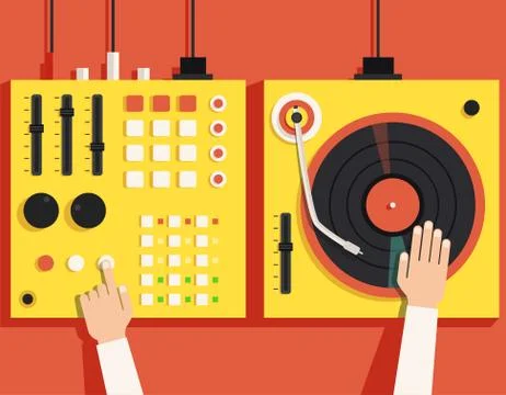 Turntable with dj hands. Vector flat illustration イラスト素材