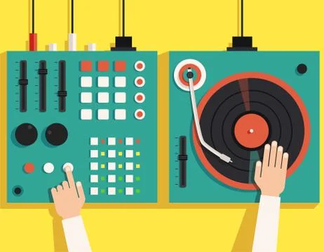 Turntable with dj hands. Vector flat illustration Stock Illustration