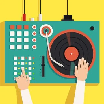 Turntable with dj hands. Vector flat illustration Stock Illustration