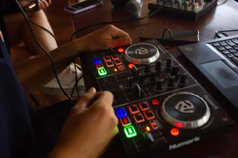 Turntable for dj on a table ready to be used in a women's day event at a school Stock Photos