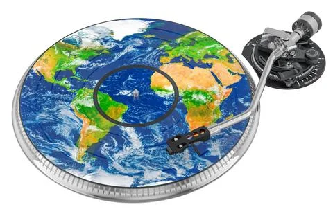 Turntable with Earth map vinyl record. 3D rendering 스톡 일러스트