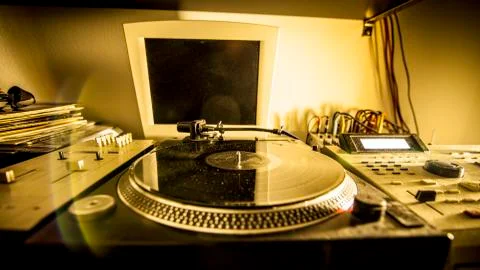 Turntable in home recording studio Stock Photos