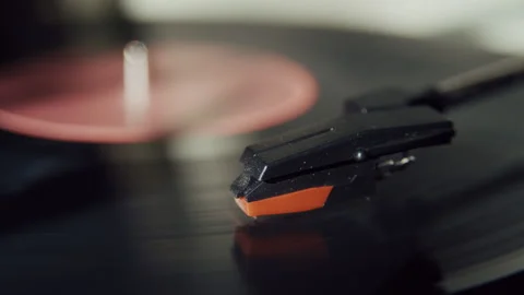 Turntable Needle Playing a Spinning Vinyl Record Stock Footage 345396581