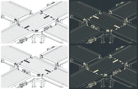 Turntable roller conveyor technical drawings Stock Illustration