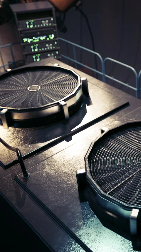 Turntables are connected and ready for a music session in urban space Stock Footage 342130959