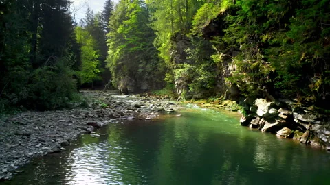 Turqoise river flowing near high mountain cliffs Stock Footage 201250335
