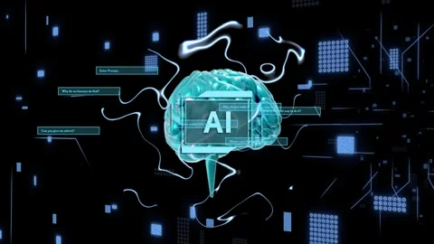 Turquoise 3D brain appearing with AI panel, pulsing tendrils, floating UI boxes, Stock Footage 335739660