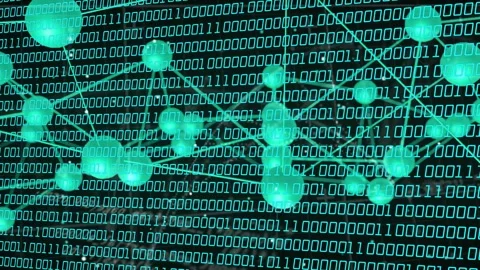 Turquoise 3D network translating and rotating on camera pan, nodes revealing Stock Footage 334351918