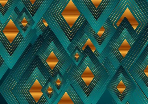Turquoise abstract background with golden linear pattern Stock Illustration
