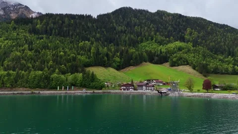 Turquoise Alpine Lake Bordered by Dense Pine Forest and Green Meadow Video stock 342024807