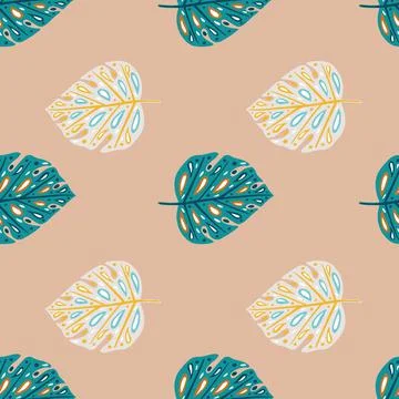Turquoise and blue colored hand drawn monstera shapes seamless doodle pattern Stock Illustration