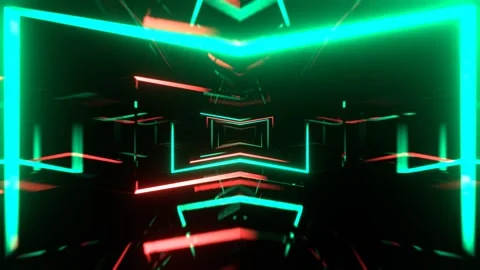 Turquoise and Light Red Neon Corridor with Glowing Frames Background VJ Loop Stock Footage 302248083