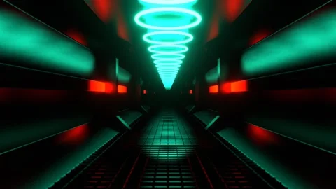 Turquoise and Orange Endless Sci-Fi Corridor with Neon Lighting Background V Stock Footage 299807056