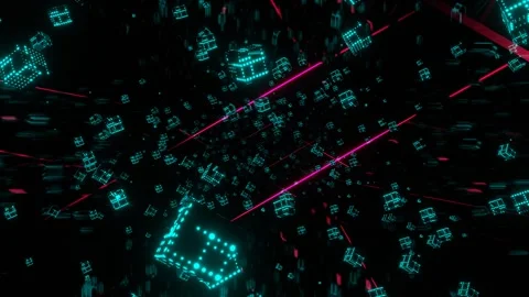 Turquoise and Pink Levitating Cubes and Neon Lines in Cyberspace Background  Stock-Footage 328356836