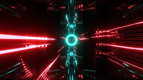 Turquoise and Red Abstract Neon Warp Tunnel with Fast Motion Light Streaks B Stock Footage 344099668