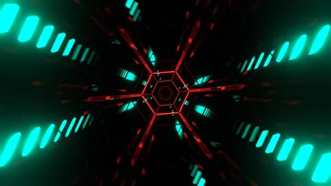 Turquoise and Red Flying Through Futuristic Neon Hexagonal Corridor with Glo 스톡 동영상 346812844