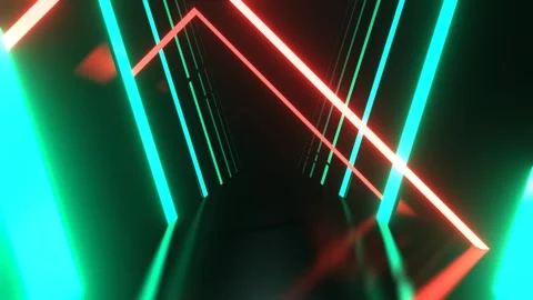 Turquoise and Red Neon Strobe Corridor with Asymmetrical Frames Background V Stock Footage 302799495