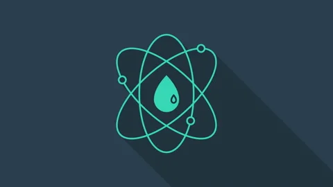 Turquoise Atom icon isolated on blue background. Symbol of science, education Stock Footage 146043673