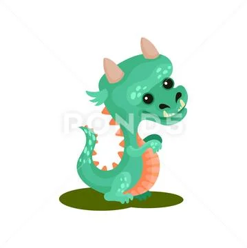 Turquoise baby dragon with funny muzzle. Cute fairytale animal with small horns Stock Illustration