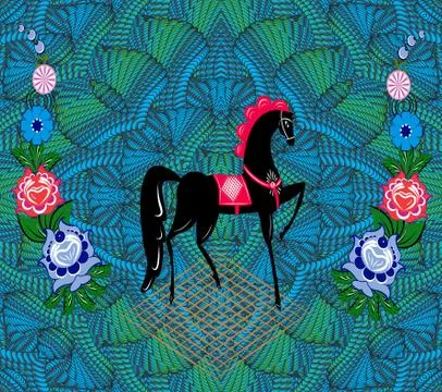 Turquoise background with folk Russian patterns for the design of textiles, t Stock Illustration