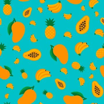 Turquoise Background Tropical Fruit Pattern Stock Illustration