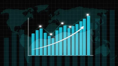 Turquoise bar chart with world map and dual trend lines on dark grid, Anima.. Stock Footage 332664071