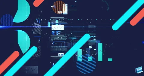 Turquoise bar moving across frame while floating charts aligning on futuristic Stock Footage 308602675