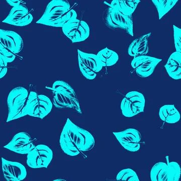 Turquoise birch leaves seamless pattern on blue navy background Stock Illustration