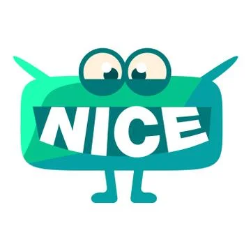 Turquoise Blob Saying Nice, Cute Emoji Character With Word In The Mouth Instead 스톡 일러스트