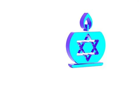 Turquoise Burning candle in candlestick with star of david icon isolated on w Stock Illustration