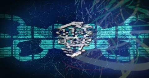 Turquoise code forming, sparking shield glitching, settling and pulsing to Stock Footage 329116617