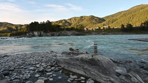 Turquoise-colored Katun mountain river with a fast current Stock Footage 251569412