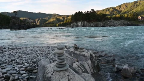 Turquoise-colored Katun mountain river with a fast current Stock Footage 251648590