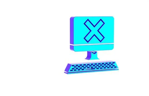 Turquoise Computer with keyboard and x mark icon isolated on white background Stock Illustration