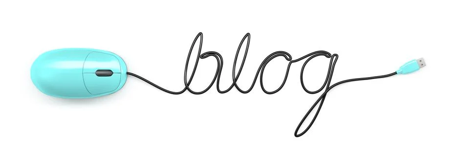 A turquoise computer mouse and the word blog formed by the cable Stock Illustration