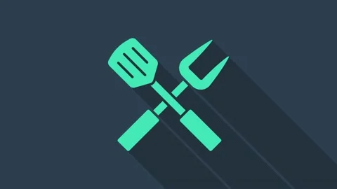 Turquoise Crossed fork and spatula icon isolated on blue background. BBQ fork Stock Footage 148447308