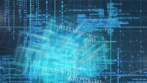 Turquoise cube emerging on grid with code scrolling rotating numbers spiraling Stock Footage 326887057