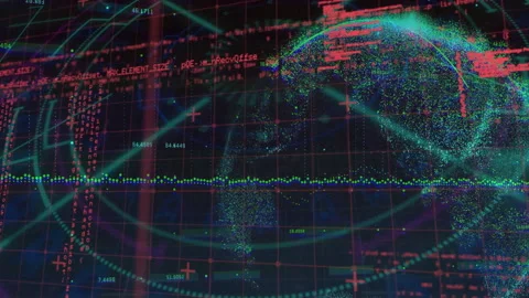 Turquoise curves arcing red grid activating code clusters, dotted globe emerging Stock Footage 313639373