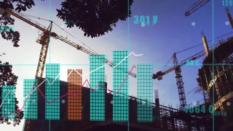 Turquoise data appearing over cranes and building bars emerging colored lines Stock Footage 313703861