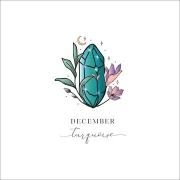 Turquoise, December. Colored Flowered Hand Painted Birthstones Gem Illustration Stock Illustration