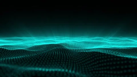 Turquoise digital particle grid with flowing futuristic waves and abstract 库存影片 335093091