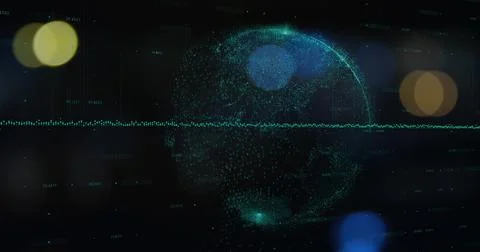 Turquoise dot matrix globe spinning on panel, showing waveform with numeric Fotos de archivo
