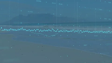 Turquoise dots materializing above waterline evolving into waveform with grid Stock Footage 312713855