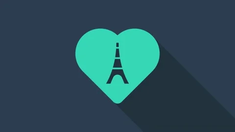Turquoise Eiffel tower with heart icon isolated on blue background. France Paris Stock Footage 159288761