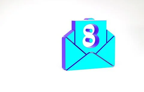 Turquoise Envelope with 8 March icon isolated on white background. Message lo Illustrazione stock