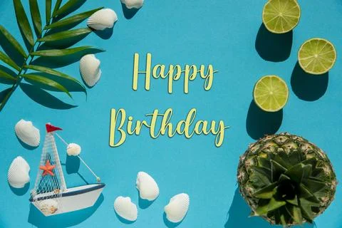 Turquoise Flat Lay, Boat, Shells, Pineapple, Text Happy Birthday Stock Photos