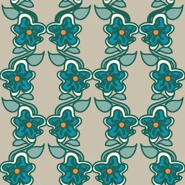 Turquoise floral vector seamless repeat pattern with heavy outlines and earth Illustrazione stock