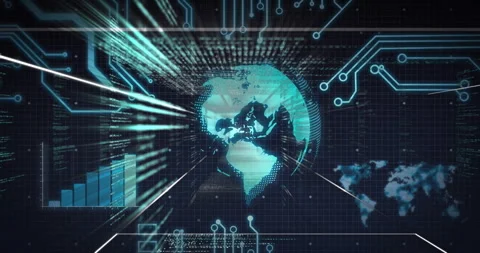 Turquoise globe rotating eastward while chart growing and data streaks pulsing Stock Footage 311901369