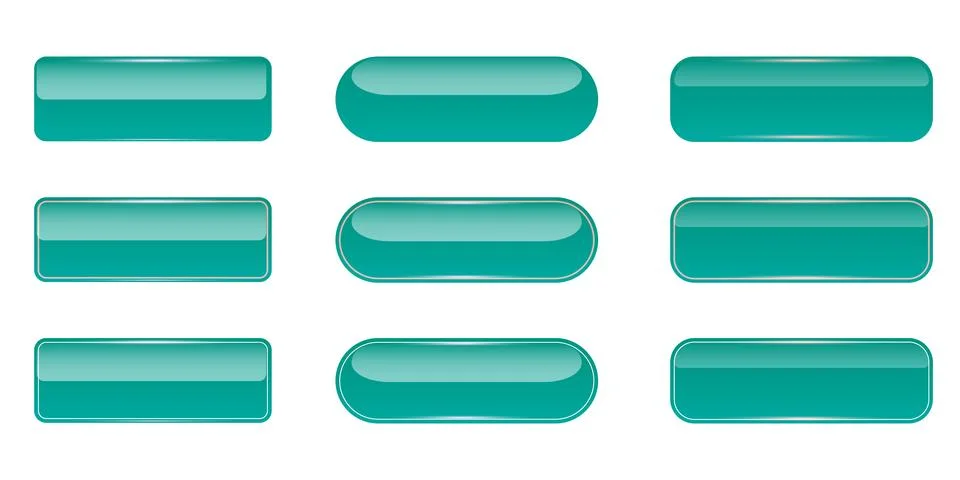 Turquoise glossy vector web button set. Blank teal UI elements with glass effect Stock Illustration