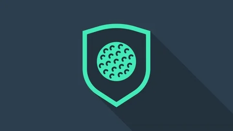 Turquoise Golf ball with shield icon isolated on blue background. 4K Video Video stock 148446383
